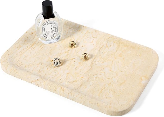 Koville Marble Tray, 12"x8" Marble Vanity Tray for Countertop Bathroom Kitchen Dresser, Decorative Catchall Trays for Perfume Jewelry, Rectangular Stone Serving Tray(Beige)