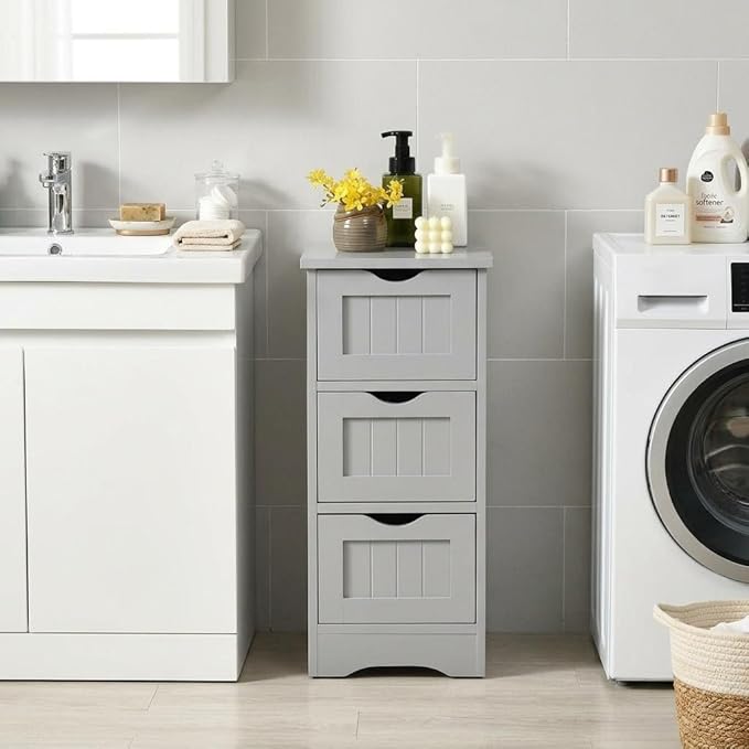Floor Cabinet with 3 Removable Drawers & Anti-Toppling Device, Small Bathroom Storage Cabinet for Bathroom Home Office Living Room Bedroom(Grey)