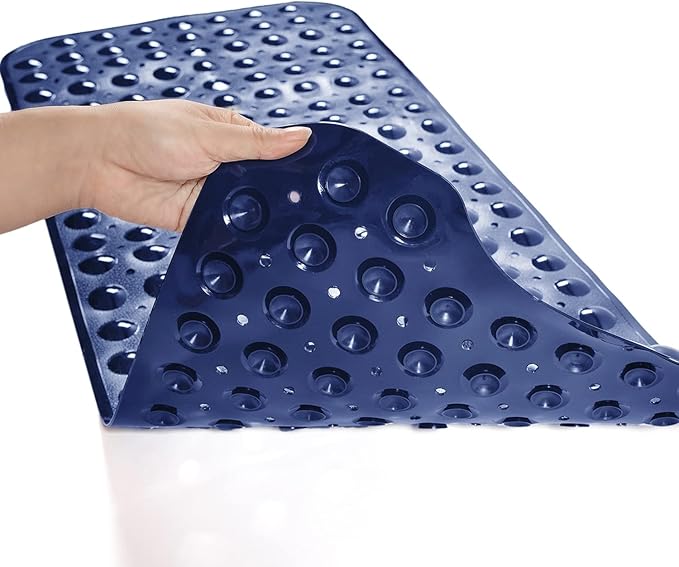 TEESHLY Bath Tub and Shower Mats, Non-Slip 39 x 16 Inch Extra Long Bathtub Mat, Machine Washable BathMat with Drain Holes, Suction Cups for Bathroom (Opaque Navy Blue)