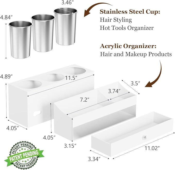 GFWARE Acrylic Hair Dryer Holder with Drawer, Bathroom Organizer Countertop Drawers with 3 Stainless Cups, Makeup Vanity Accessories, Hair Hot Tools Organizer, Toiletry, White