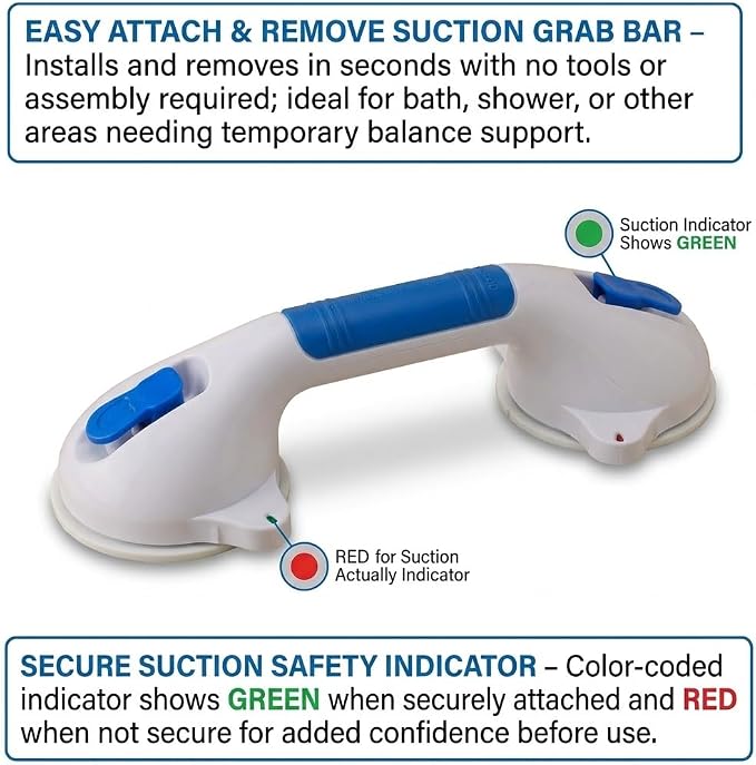 NOVA Suction Cup Grab Bar 12” – Tool-Free Removable Bath & Shower Safety Handle with Secure Lock Indicator, Non-Slip Contoured Grip, Travel-Friendly, 300 lb Capacity