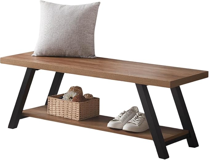 LVB Industrial Entryway Bench, Wood and Metal Storage Bench for Living Dining Room, Farmhouse Indoor Entry Way Shoe Benches Seat, Rustic Oak, 47 Inch Long
