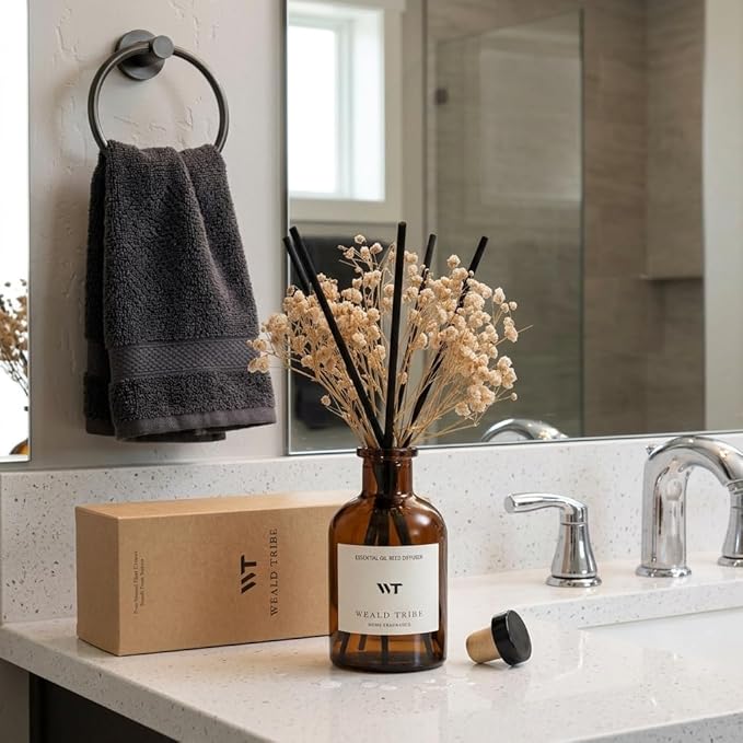 WEALD TRIBE Reed Diffuser Set for Bathroom Air Fresheners, Oil Diffuser Sticks | Fresh Linen Scent 4.0 fl oz Home Fragrance with Sticks Defusers | House Bedroom Office Shelf Decor
