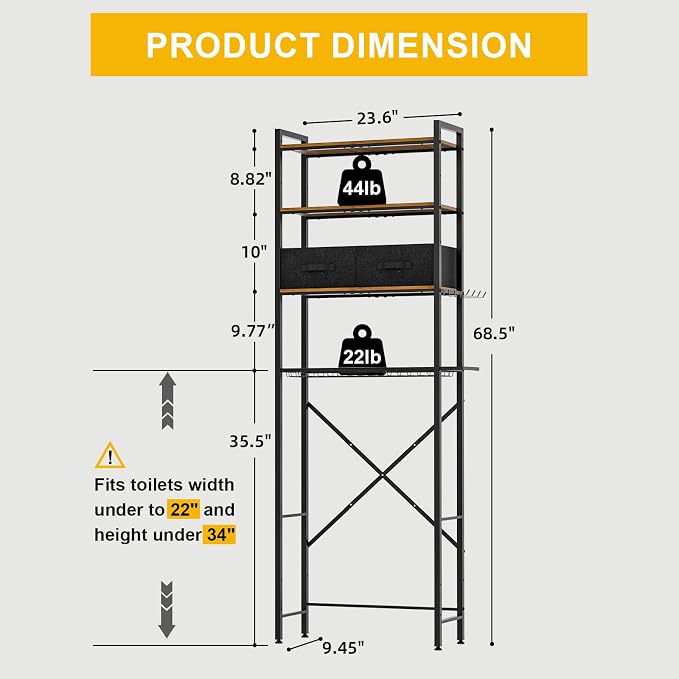 Over The Toilet Storage with Adjustable Wooden Shelves and 2 Fabric Drawers, 4-Tier Over Toilet Bathroom Organizer, Small Freestanding Storage Shelf for Toilet Paper, Towels, Toiletries