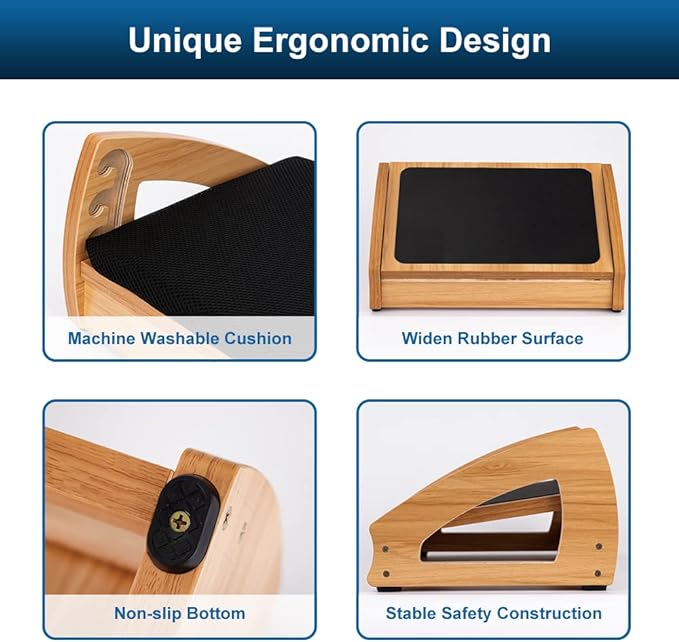 StrongTek Wood Ergonomic Footrest - 4-Angle Adjustable Foot Stool for Desk, Office Footrest, Anti-Slip Foot Stand for Under Desk, Enhances Posture, Promotes Blood Circulation, Easy Assembly (Natural)