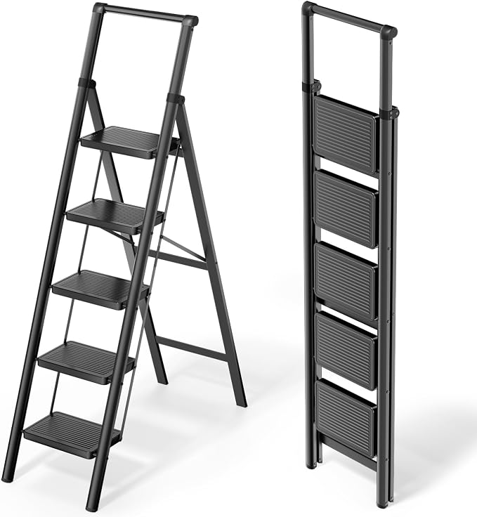 WOA WOA Step Ladder for Home, Foldable Step Stool for Kitchen with Non-Slip Pedals, Sturdy Ladders Supports up to 330 lbs, Compact and Portable - 5 Step with Handle/Black
