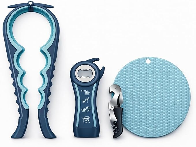4-in-1 Multi-Function Bottle Opener Set for Jars, Bottles and Wine with Non-Slip Grip (Grey + Sky Blue)