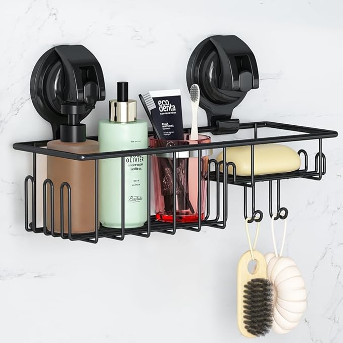 TESOT Suction Cup Shower Caddy, Shower Shelf Soap Dish with Hooks for Sponge, Rust Proof 304 Stainless Steel, Black