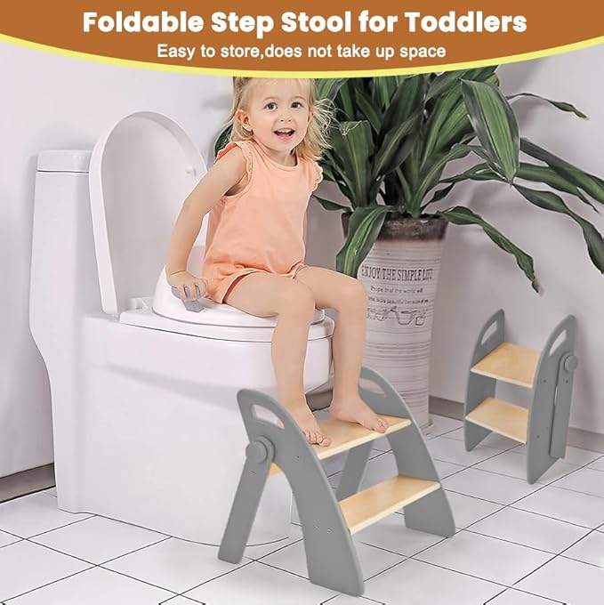 Wooden 2 Step Stool for Toddlers, Foldable 2-Step with Non-Slip Pads and Handles, Bamboo Step Stool for Kids Bathroom Sink and Potty Training, Kitchen Helper, Nursery Bedroom (Grizzly)