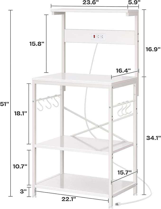 SUPERJARE Kitchen Bakers Rack with Power Outlet, Coffee Bar Table 4 Tiers, Kitchen Microwave Stand with 6 S-Shaped Hooks, Storage Shelf Rack for Spices, Pots and Pans - White