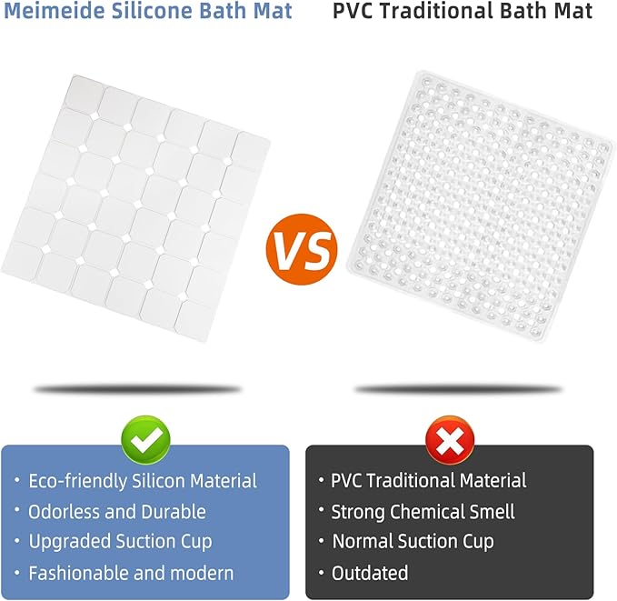Shower Mat Non Slip 21"x21" Silicone Foldable Bath Mat with Suction Cups & Drain Holes, Odorless, Eco-Friendly & Durable, Machine Washable Shower Stall Mat for Adults, Seniors White