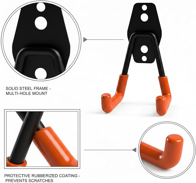 Steel Garage Wall Hook, Compact Utility Hanger for Bikes & Ladders, Space-Saving Metal Mount with Hardware (Orange, 1 Pack)