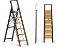 SOLADDER 6 Step Ladder for 12 Ft High Ceiling, Folding Step Stool with Handgrip & Anti-Slip Wide Pedal, Portable Aluminum Stepladder for Kitchen, Home (300 lbs Capacity) - Black+Wood Grain