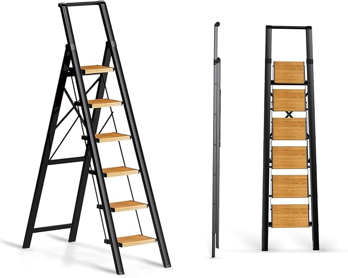 SOLADDER 6 Step Ladder for 12 Ft High Ceiling, Folding Step Stool with Handgrip & Anti-Slip Wide Pedal, Portable Aluminum Stepladder for Kitchen, Home (300 lbs Capacity) - Black+Wood Grain