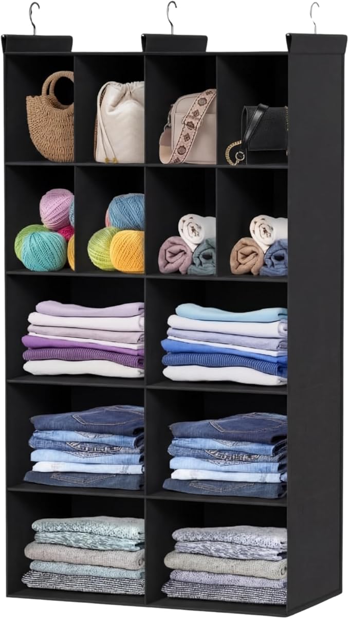 Ofiray-home 5 Tier Hanging Closet Organizer, 14 Compartments Sweater Organizer for Closet with 3 Sturdy Hooks, Closet Organizers and Storage, Wardrobe, Rv, Garment Rack, Black