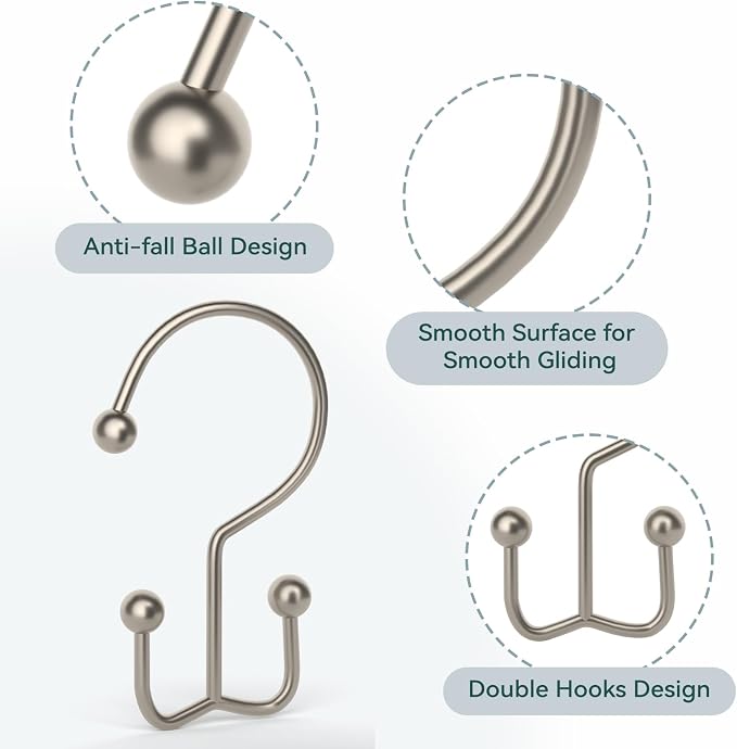 Goowin Shower Curtain Hooks, 12 Pcs Shower Curtain Rings, Durable Shower Curtain Rings Rust Proof, Double Glide Shower Rings for Curtain, Simple Shower Hooks for Shower Curtain & Liner, Matte Nickel