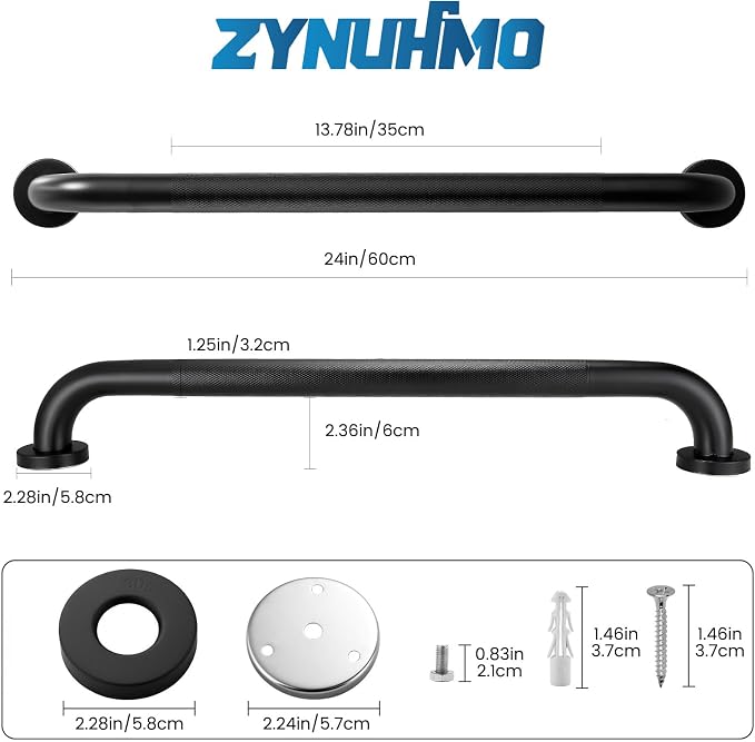 Grab Bars for Shower, Zynuhmo 2 Pack 24 Inch Anti Slip Bathroom Safety Grab Bar 1.25" Diameter Stainless Steel Shower Handrails for Handicap Injury Pregnant Senior Assist Shower Handles(Matte Black)
