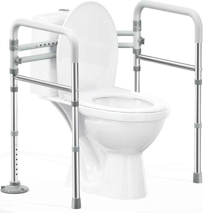 Toilet Safety Rails for Seniors (350 LBS), Adjustable Toilet Safety Frame for Elderly and Disabled, Foldable Handicap Toilet Assistance Rail Fits Most Toilets, White