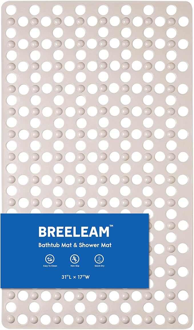 Non Slip Bathtub and Shower Mat 31x17 inch,Bath Mat with Quick Dry Drain Holes and Suction Cups, Soft Comfortable Safe Bathroom Mat for Bath Tub, Floor, Tile (Khaki)