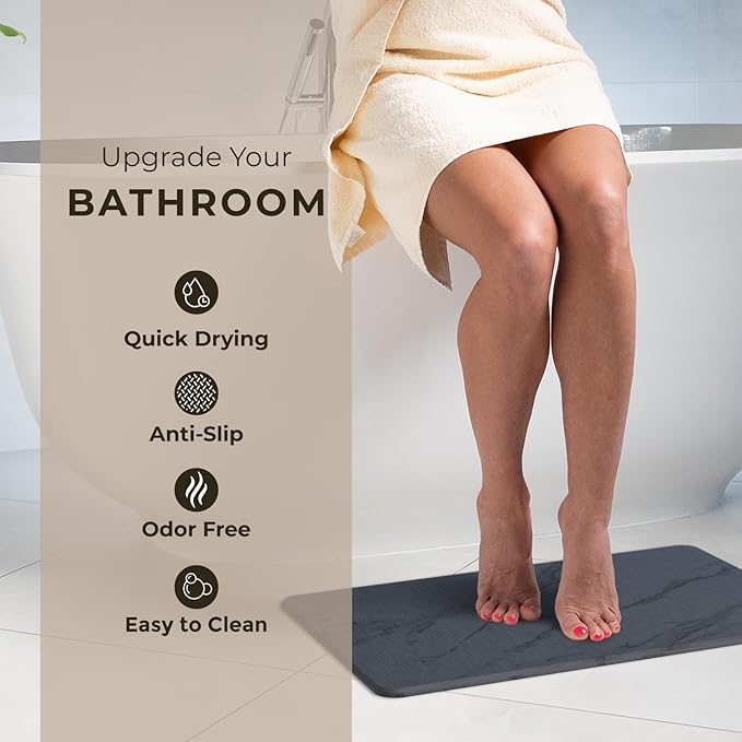 TOSORO - Stone Bath Mat Diatomaceous Earth Shower Mat Non-Slip Super Absorbent Diatomite Stone Bath Mats for Bathroom Floor Quick Drying Natural Easy to Clean (23.5 x 15) - Graphite