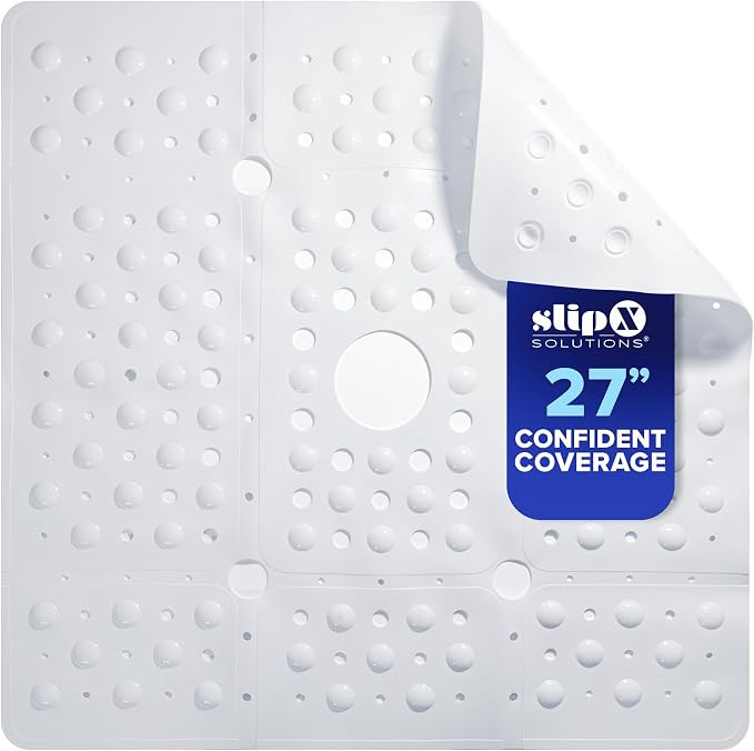 SlipX Solutions 27" Oversize Square Shower Mat, Non-Slip Mat for Elderly & Kids, 100+ Power Grip Suction Cups for Smooth Surfaces, Machine Washable, White