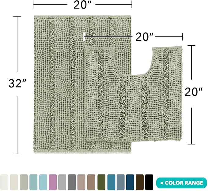 Turquoize Chenille Bathroom Rugs Non-Slip Bath Mats for Bathroom Super Absorbent Shaggy Rugs for Tub Shower Toilet Plush Bath Rug Plus U Shaped Rug (Standard: 20" x 32" and 20" x 20" U), Eucalyptus