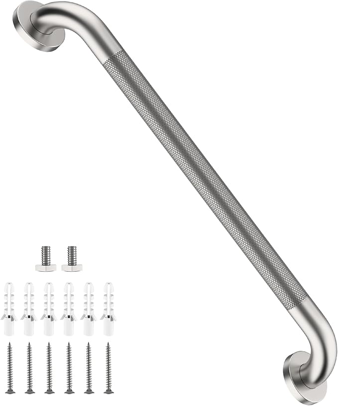 Brushed Nickel Grab Bar 24 Inch, iHansee Anti-Slip Bathroom Grab Bar w/Knurled Grip, Stainless Steel Safety Handrail for Toilet Bathtub, Wall Mounted Shower Handle Handicap Bars for Senior Elderly