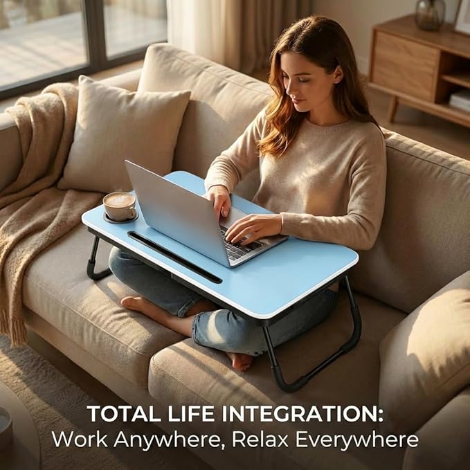 BUYIFY Foldable Laptop Bed Desk for Couch, Sofa - Large Lap Desk Tray Table with Cup Holder and Tablet Slot - Portable Notebook Stand for Eating, Writing, Studying and WFH (Blue)-USA Original Patent