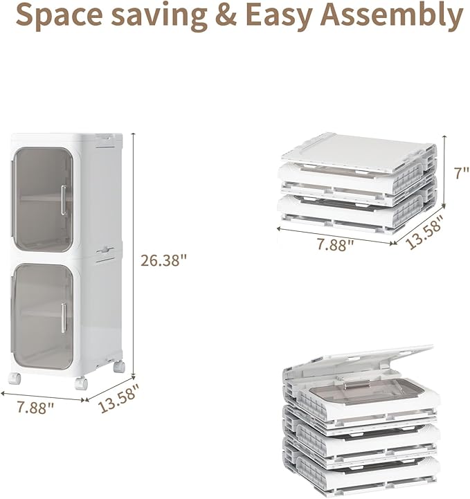 2-Tiers Slim Bathroom Storage Cabinet, Foldable Storage Cabinets,Narrow Bathroom Storage,Movable Bathroom Storage Organizer for Small Spaces,Bathroom,Kitchen,Laundry,White