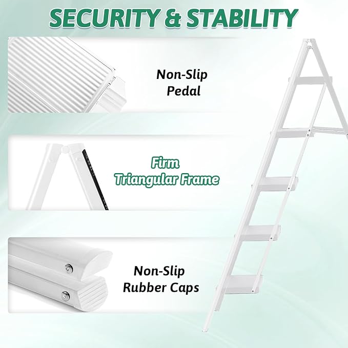 5-Step Folding Ladder, Heavy Duty Ladders for Home & Kitchen, Folding Ladder Easy to Store, Tall Ladder for Adults, Anti-Slip & Space-Saving Step Ladder, 330 Lbs Capacity, White