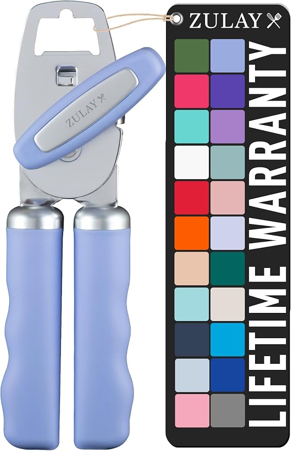 Zulay Kitchen Heavy Duty Stainless Steel Can Opener Manual with Bottle Opener - Rust Proof Manual Can Opener With Turn Knob & Comfy Soft Grip Handles - Periwinkle