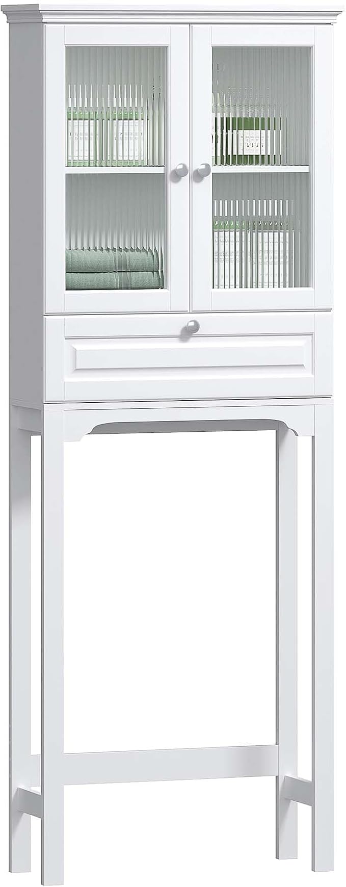 Spirich Over The Toilet Storage Cabinet with Muro Glass Doors, Over Toilet Bathroom Organizer with Tilt-Out Cube and Adjustable Shelf, White