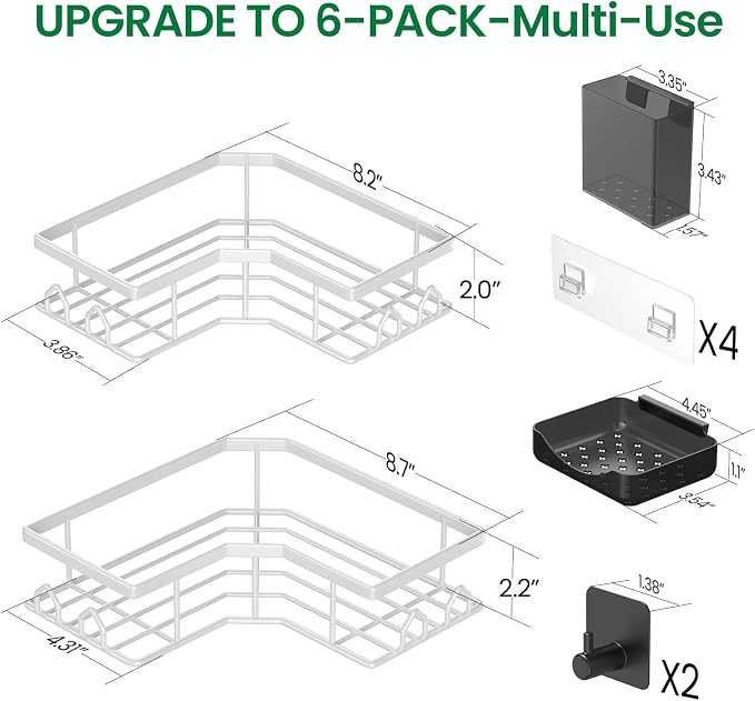 Adhesive Shower Caddy, 6 Pack Corner Bath Organizer, Rustproof Stainless Steel Shower Shelves with Large Capacity, No Drilling Shelves for Bathroom Storage, Home, Kitchen Décor (White).