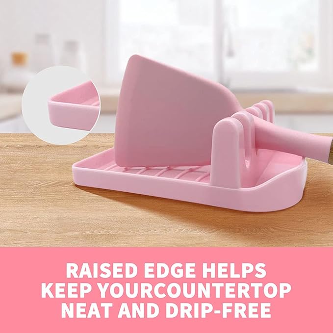 2 Pack Multiple Utensil Spoon Rest with Drip Pad Non-Slip Heat Resistant Kitchen and Grill Spoon Holder for Spatula, Ladle, Tongs, Kitchen Gadgets, and Cooking Accessories (Cute Pink)