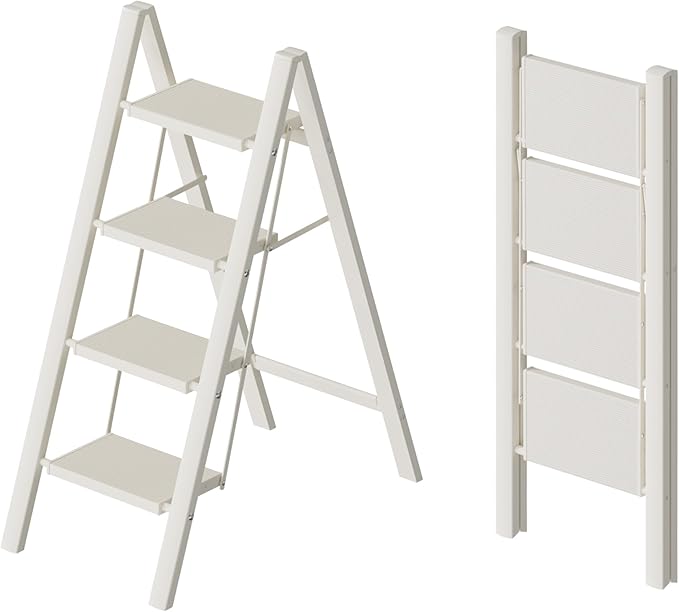 HillhutApex 4 Step Ladder, Lightweight Foldable 4 Step Stool with Anti-Slip Wide Pedal, 330lbs Capacity Aluminum Ladder for Household,Office,Garage(White)