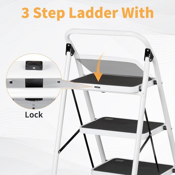 Winado 3 Step Ladder, Folding Step Stool with Wide Anti-Slip Pedal, Lightweight Convenient Handgrip Sturdy Steel Ladder, Portable Steel Step Stool 330 LB Capacity