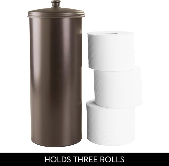 iDesign Freestanding Bathroom Toilet Paper Storage Holder with Lid for 3 Extra Rolls, Bronze