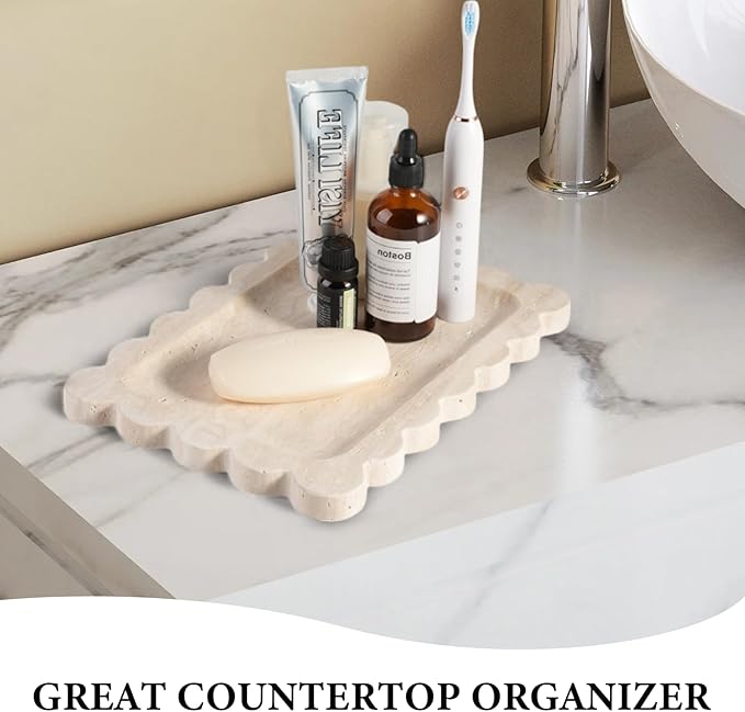 Koville Scalloped Marble Tray, 11"x8" Natural Marble Vanity Tray for Countertop Bathroom Kitchen Dresser, Natural Stone Tray for Jewelry Perfume Home Decor, Decorative Catchall Trays