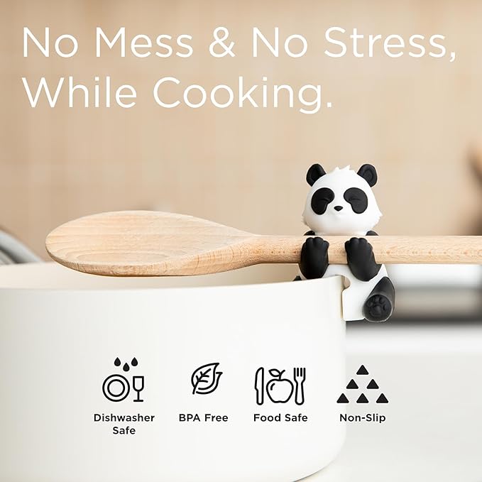 Panda Spoon Rest for Stove Top – Silicone Pot Clip Utensil Holder & Lid Lifter – Funny Kitchen Gadget, Unique Panda Bear Gifts for Women – 1.75" x 2.75"