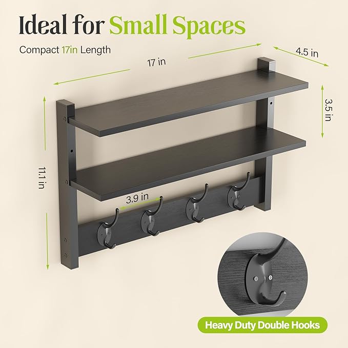 Two-Tier Wall Shelf with Hooks, 17" Coat Rack Wall Mount with Shelf, Entryway Key Hooks for Wall with Heavy Duty Double Hooks, Coat Hook Wall Mounted for Bedroom, Living Room, Black