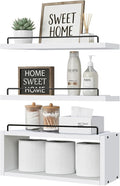 LANDNEOO Floating Shelves for Wall with Cube Shelf, Set of 3 Wood Bathroom Shelves Over Toilet for Storage, Wall Mounted Organizer with Metal Rail for Restroom Decor and Toilet Paper, White
