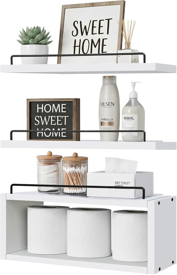 LANDNEOO Floating Shelves for Wall with Cube Shelf, Set of 3 Wood Bathroom Shelves Over Toilet for Storage, Wall Mounted Organizer with Metal Rail for Restroom Decor and Toilet Paper, White