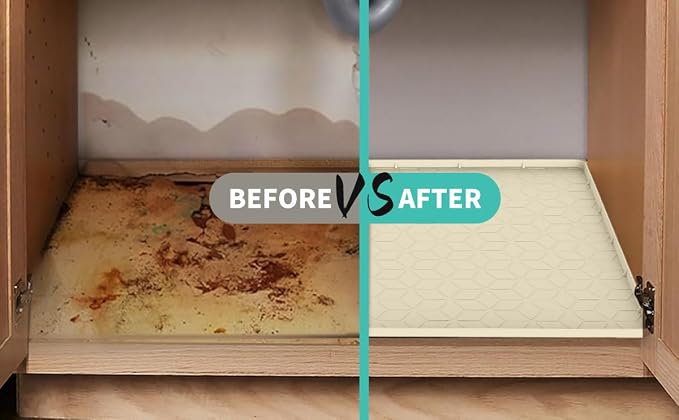 Under Sink Mat for Kitchen, Silicone Waterproof Liner, Flexible Organizer Tray with Drain Hole, 3.6 Gallons Capacity, Easy to Clean