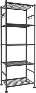 Sakugi Storage Shelves - 5-Tier Large Capacity Shelf Organizer with Hooks, Heavy-Duty Garage Shelving with Leveling Feet, Wobble-Free Rack for Bedroom, Balcony, Garage, 18.1"×12.4"×56.8", Black