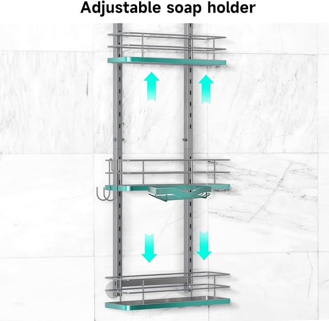Shower Caddy Hanging (Silver), Adjustable Anti-Swing-Over The Shower Head Caddy, 3 Tier Height Bathroom Storage Organizer, Bathroom Shelves Basket Rack, Shower Caddies Rack with Adjustable Soap Basket