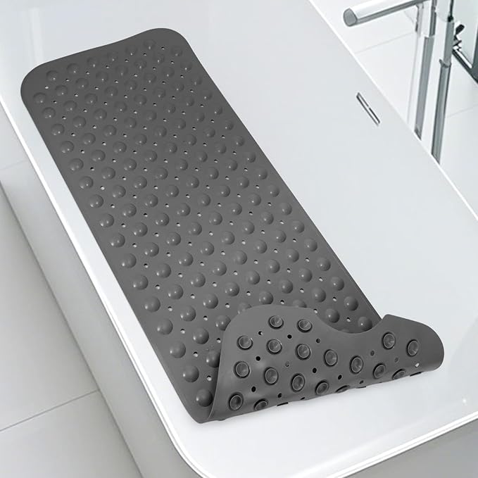 WarmSnow（TPE） Long Bathtub Mat Non Slip 39.5 x 16 Inch, Inside Shower Mats with Suction Cups & Drain Holes, Soft TPE Bath Mat for Tub, Quick-Drain Bathroom Floor Mats, Dark Gray
