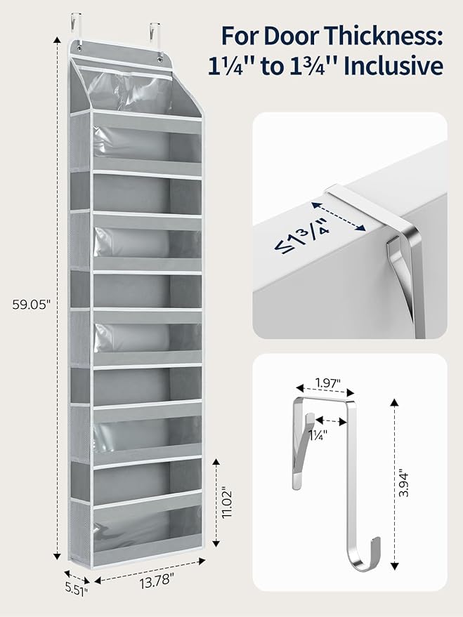 Yecaye 6 Tier Over the Door Organizer, Swing-proof Door Organizer Hanging with Clear PVC Windows, Behind the Door Storage for Bedroom Nursery Closet Laundry Pantry Bathroom, Grey