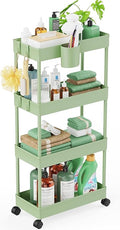 LEHOM Slim Rolling Storage Cart - 4 Tiers Bathroom Organizer Utility Cart Slide Out Storage Shelves Mobile Shelving Unit for Kitchen, Bedroom, Office, Laundry Room, Small Narrow Spaces（7.1" W+Green）