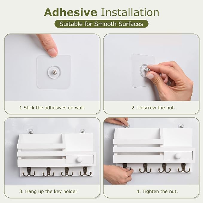 Key Holder Wall Mount, Wooden Adhesive Mail and Key Organizer with Drawer, Small Shelf, 8 Hooks, 2 Installation Methods, White