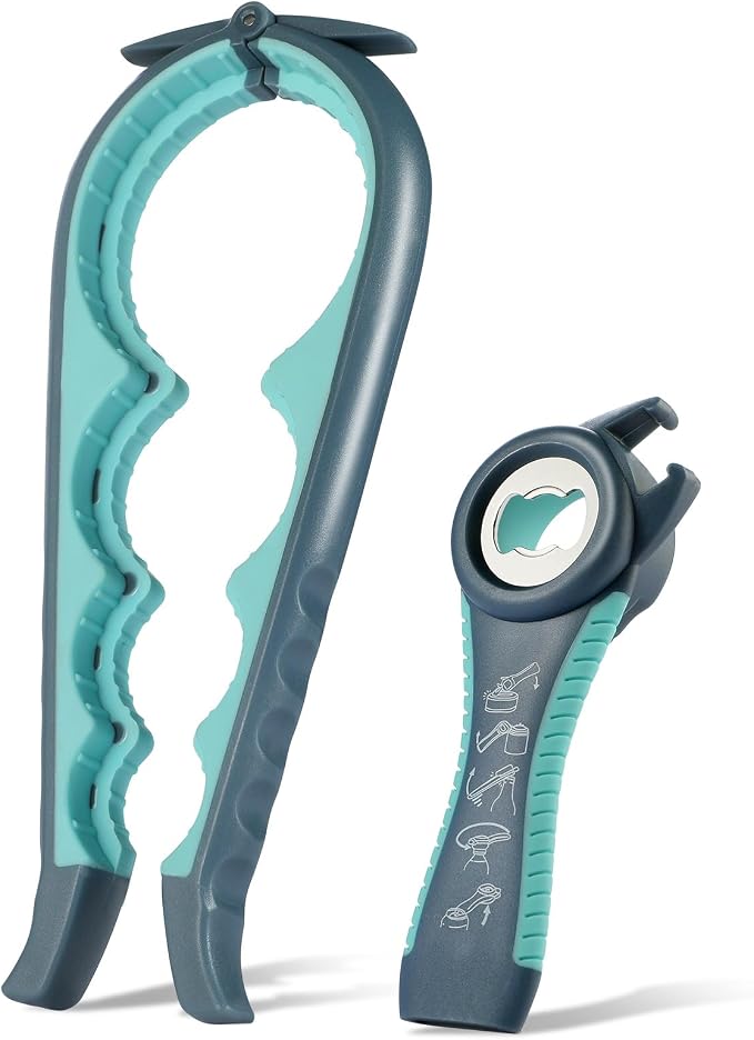 Jar Opener Bottle Opener, 5-in-1 Multi-Function Can Opener with Ergonomic Non-Slip Handle, Kitchen Tool Set for Weak Hands, Seniors with Arthritis, Blue